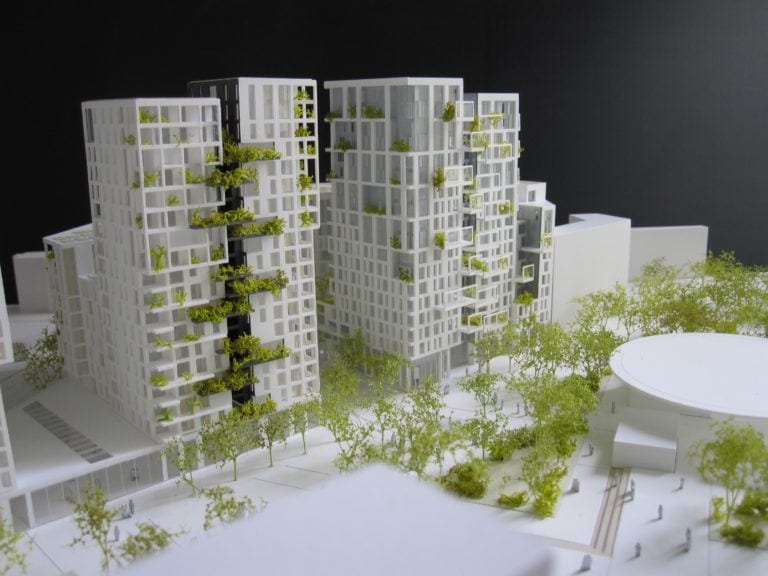 maquette de concours de logements et commerces à Bagneux par les architectes Marc Mimram et Brenac et Gonzalez au 1/500ème