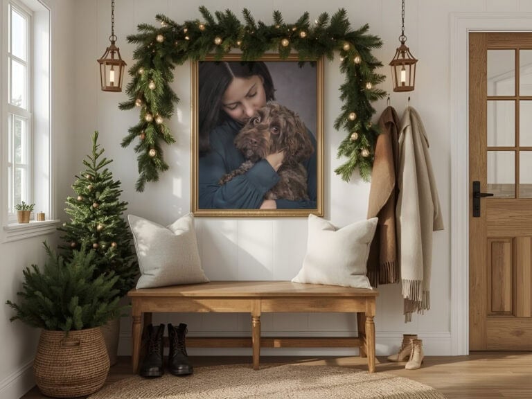 Christmas decorated hall with family wall portrait