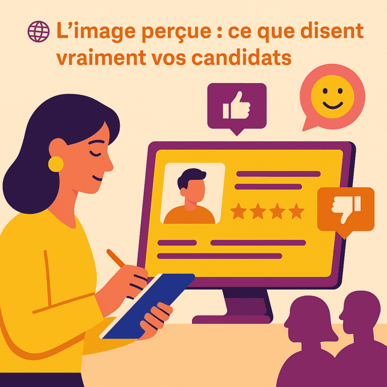 Illustration en flat design représentant une recruteuse analysant des indicateurs de performance RH sur un ordinateur, avec des graphiques colorés, une cible et des icônes de candidats. Le visuel symbolise l’importance de l’expérience candidat dans la construction de la marque employeur et l’usage d’un logiciel de recrutement (ATS) pour la mesurer efficacement.