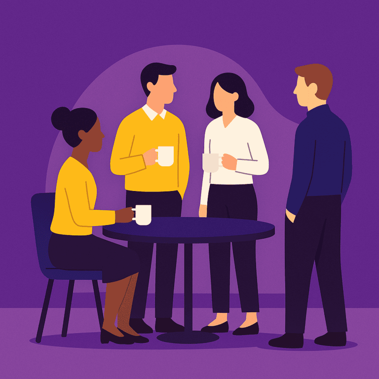 Illustration flat design d’un rituel d’équipe autour d’une table, avec une personne en décalage pour montrer que tous les collaborateurs ne vivent pas les rituels de la même façon.