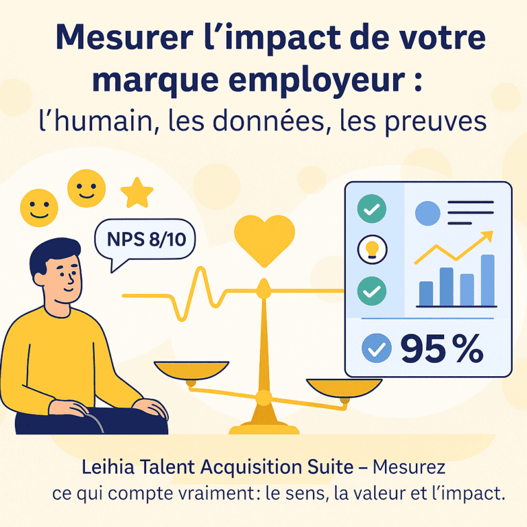 Visuel représentant la mesure de l’impact de la marque employeur : un candidat satisfait et un tableau de bord RH équilibrés sur une balance symbolisant l’alliance entre humain et performance, avec les couleurs de Leihia Talent Acquisition Suite.