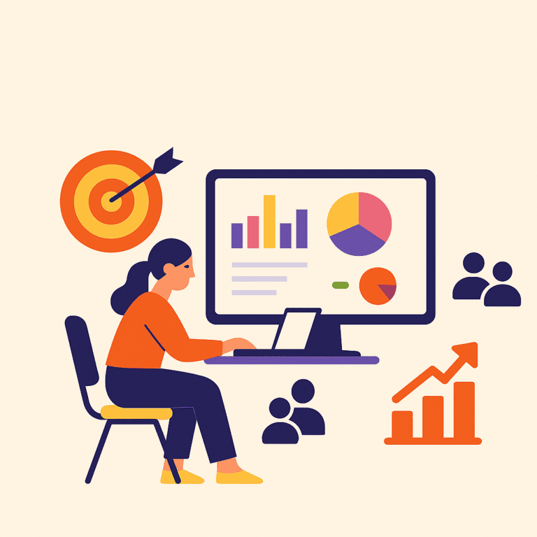 Illustration représentant une recruteuse analysant des indicateurs de performance RH sur un ordinateur, avec des graphiques colorés, une cible et des icônes de candidats. Le visuel symbolise l’importance de l’expérience candidat dans la construction de la marque employeur et l’usage d’un logiciel de recrutement (ATS) pour la mesurer efficacement.