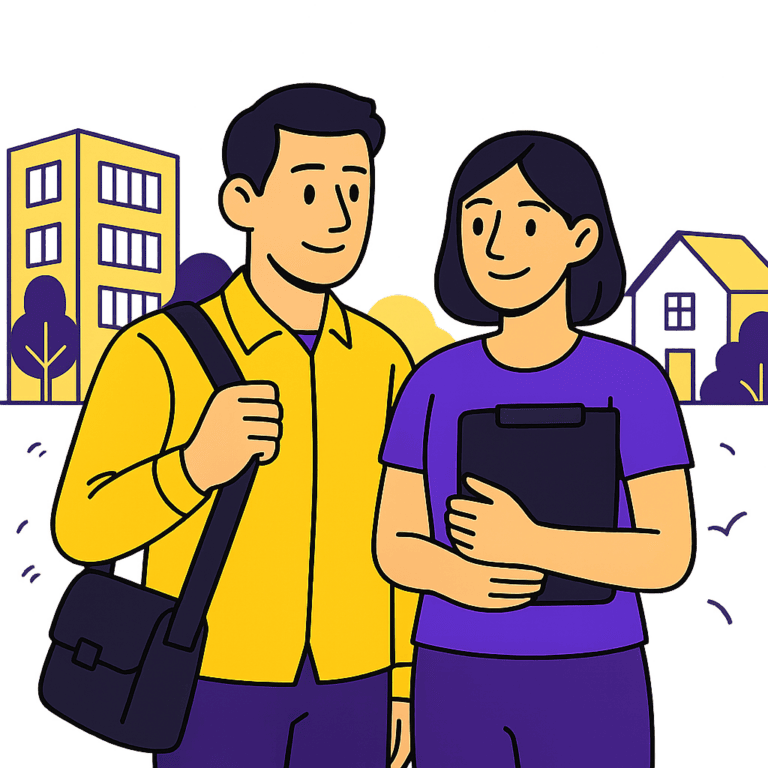 Illustration de deux candidats discutant à proximité de leur lieu de travail, dans une palette jaune et violet inspirée de l’univers Leihia