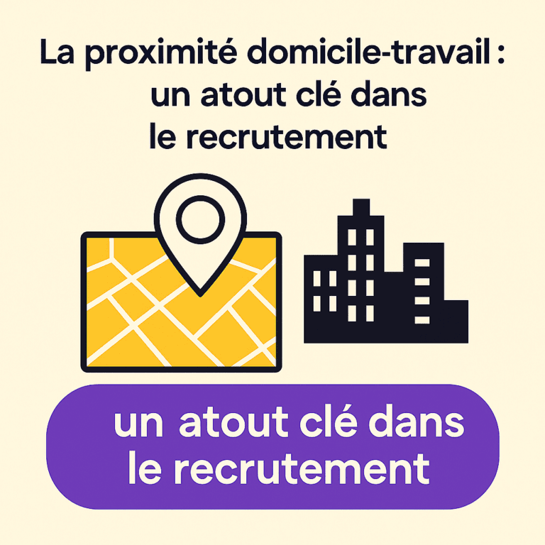 Illustration d’une carte et d’un bâtiment stylisés en jaune et violet, symbolisant l’importance de la proximité domicile–travail dans le recrutement