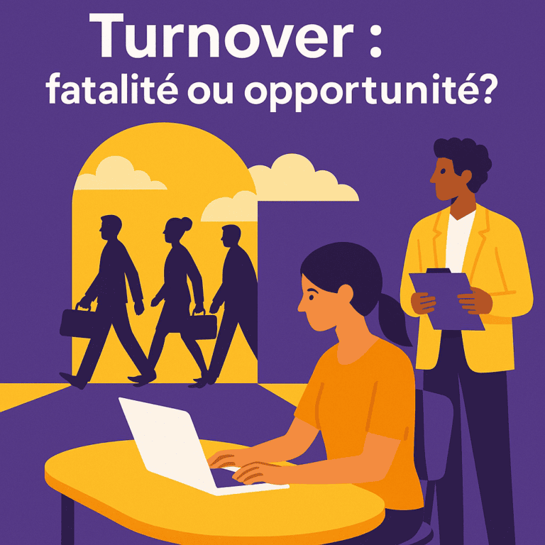 Illustration en flat design montrant des collaborateurs quittant l’entreprise pendant que deux professionnels RH observent et analysent la situation, dans les couleurs violet et jaune Leihia.