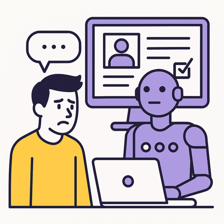 Candidat traité comme un robot dans un processus de recrutement automatisé, illustrant les signes d’un recrutement déshumanisé et impersonnel.