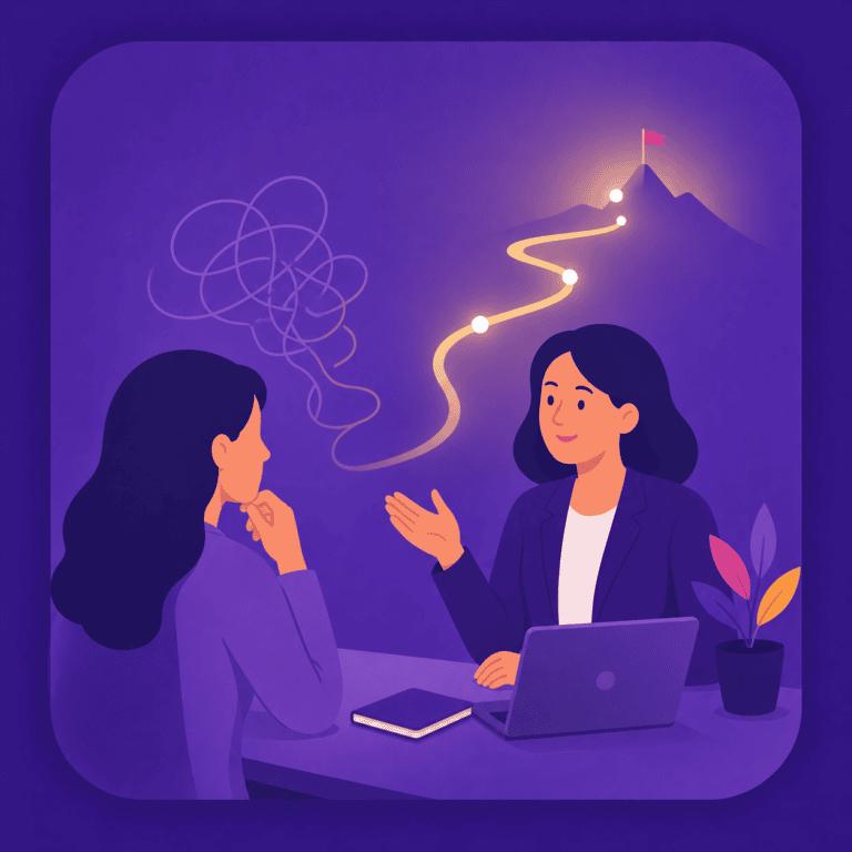 Illustration flat design d’un Talent Specialist aidant une candidate à clarifier sa trajectoire professionnelle.