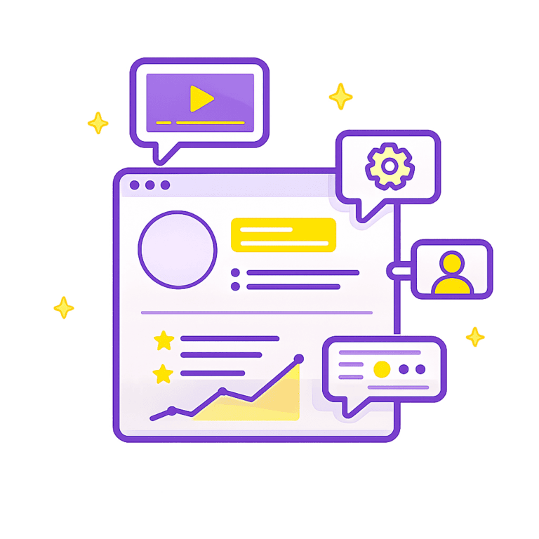 Illustration d’un profil candidat interactif enrichi avec vidéo, compétences et éléments visuels en style Leihia