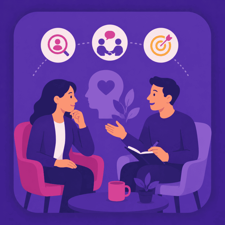 Illustration flat design d’un échange entre un Talent Specialist et un professionnel dans le cadre d’un accompagnement de carrière.