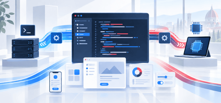 Ambiente de desenvolvimento abstrato conectado a compiladores para servidor Linux e arquitetura ARM, com módulos de interfaces modernas