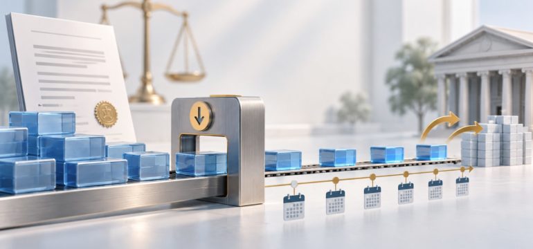 Blocos representando créditos judiciais atravessam um limitador e seguem por uma linha do tempo mensal