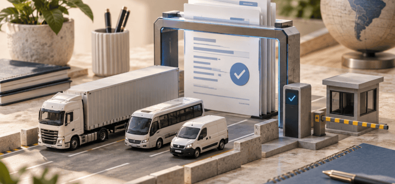Miniatura ilustrativa de veículos de transporte e documentos fiscais em uma estação de validação.