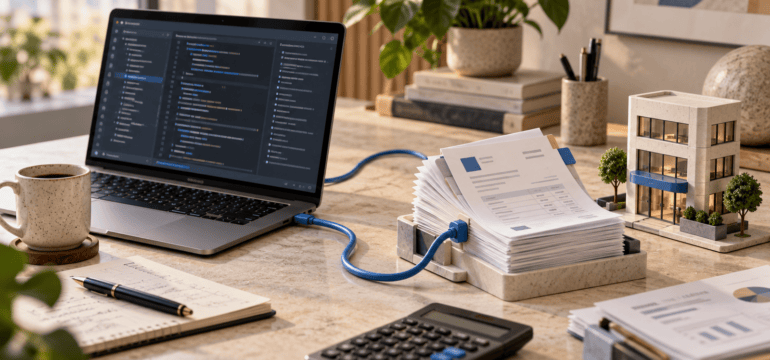 Cena ilustrativa de integração entre software, documentos fiscais e empresa.