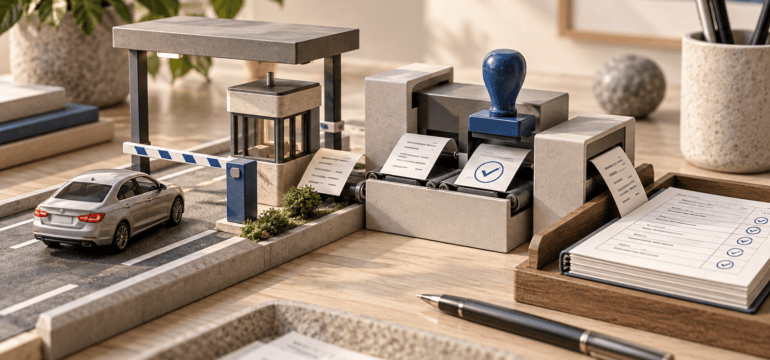 Miniatura de praça de pedágio com comprovantes e registro de manifestações do adquirente.