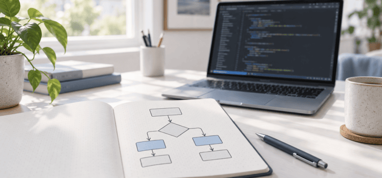 Mesa clara de desenvolvimento com notebook mostrando um fluxo de decisão e computador com código desfocado, representando a escolha de modelos de IA para programar.