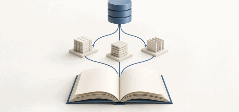Ilustração conceitual de um livro aberto ligado a estruturas de dados e a um símbolo de banco de dados.