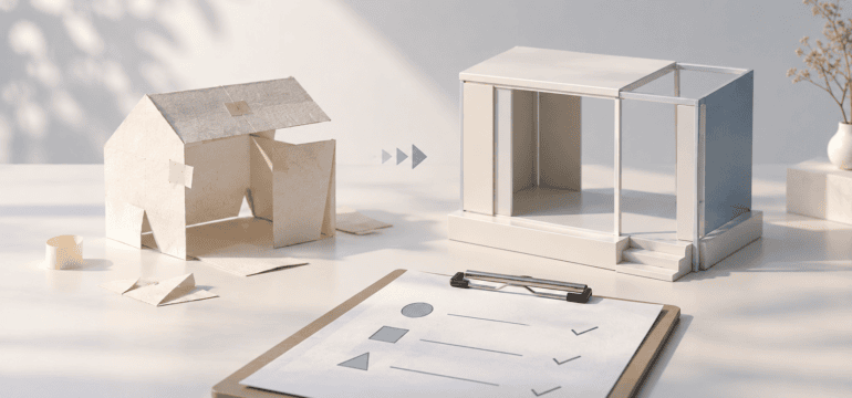 Ilustração conceitual de um protótipo de papel e uma estrutura organizada com pontos de verificação.