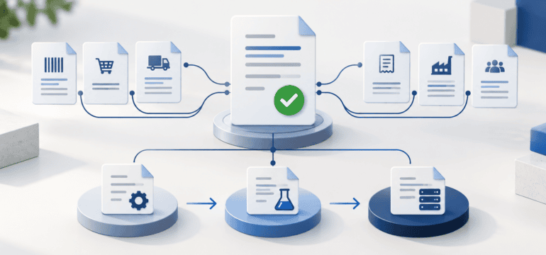 Documento técnico aprovado conectado a diferentes documentos fiscais e às etapas de especificação, teste e produção