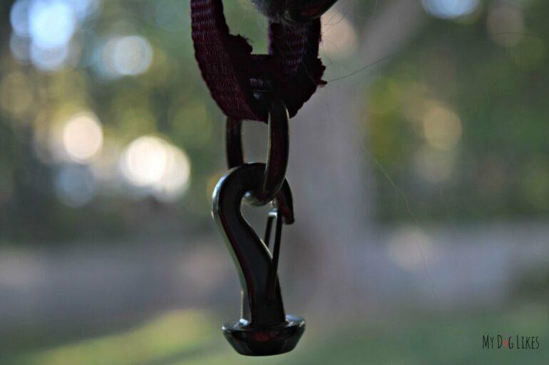 A closeup of the MagicLatch Dangle. This piece is clipped onto the D-Ring of your dogs existing collar.