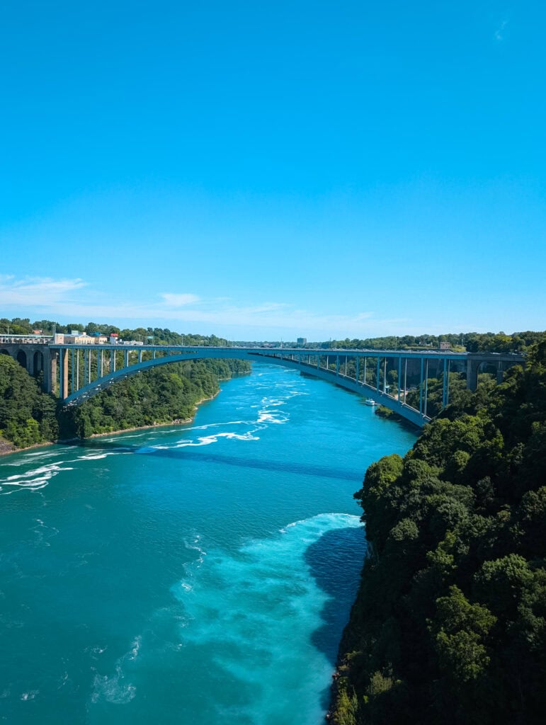 View from the Niagara Falls Observation Tower showing the Rainbow Bridge to Canada and the Niagara River
