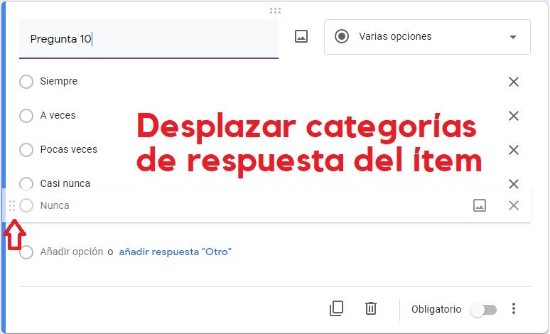 Mover opciones de respuesta de los ítems