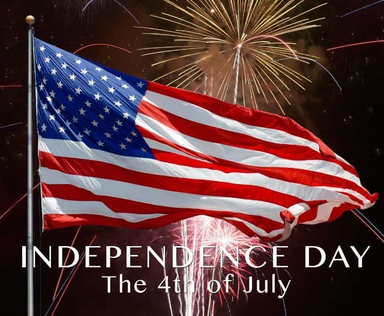 American flag in front of firework display with happy 4th of July written across image