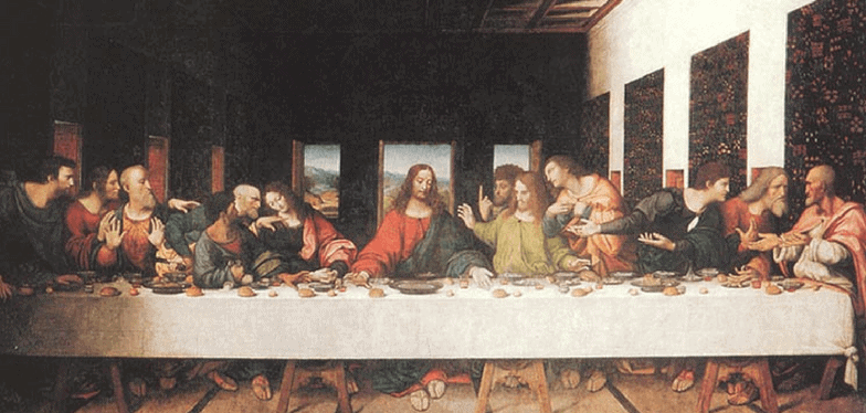 Jesus sits at center of table, 6 disciples gesturing at each side. "Lord, is it I?" Colors are brighter in thei copy of The Last Supper Da Vinci. This image helps in Encountering God through art