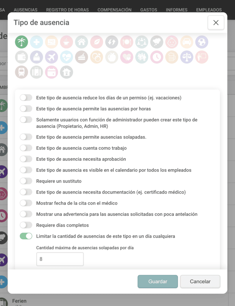 La imagen muestra la aplicación de nuestra nueva función para asignar cuotas a tipos específicos de ausencia. Aquí, el número de vacaciones reservables en un momento dado se limita a 8.
