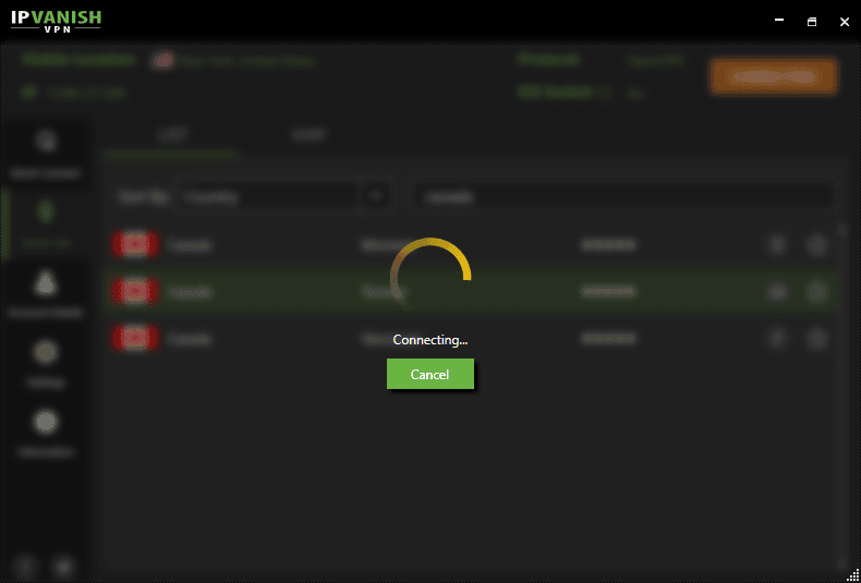 IPVanish VPN in process of connecting