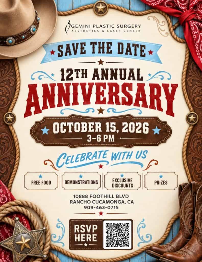 Gemini Plastic Surgery 12th Annual Anniversary celebration scheduled for October 15, 2026.
