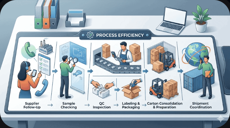 Editorial illustration showing a Yiwu buying agent managing supplier follow-up, sample checking, quality control, labeling, cartons, and shipment coordination instead of acting as a simple middleman.