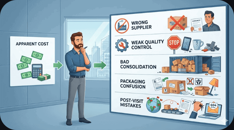 Editorial illustration showing that the value of a Yiwu buying agent goes beyond a lower first quote by reducing wrong suppliers, weak quality control, packaging confusion, and costly downstream mistakes.