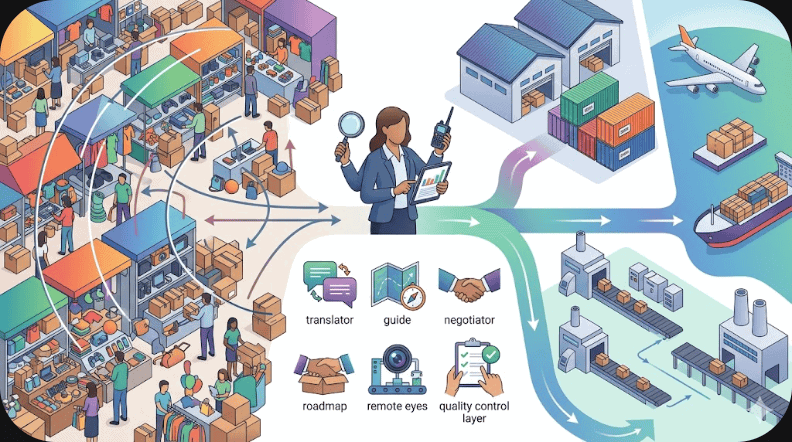 Editorial illustration showing a Yiwu buying agent turning the chaos of the Yiwu market into a cleaner, more predictable supply chain through local guidance, negotiation, remote follow-up, and quality control.