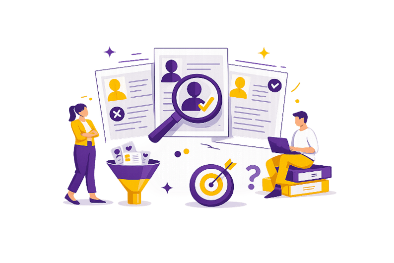 Analyse de candidatures avec sélection de profils via CV et loupe illustrant le tri et l’évaluation des candidats