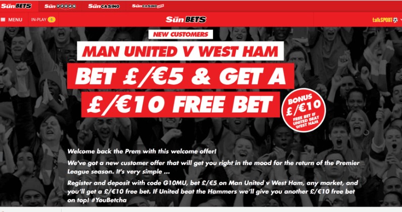 10 Free Bet if Man Utd beat West Ham at Sun Bets