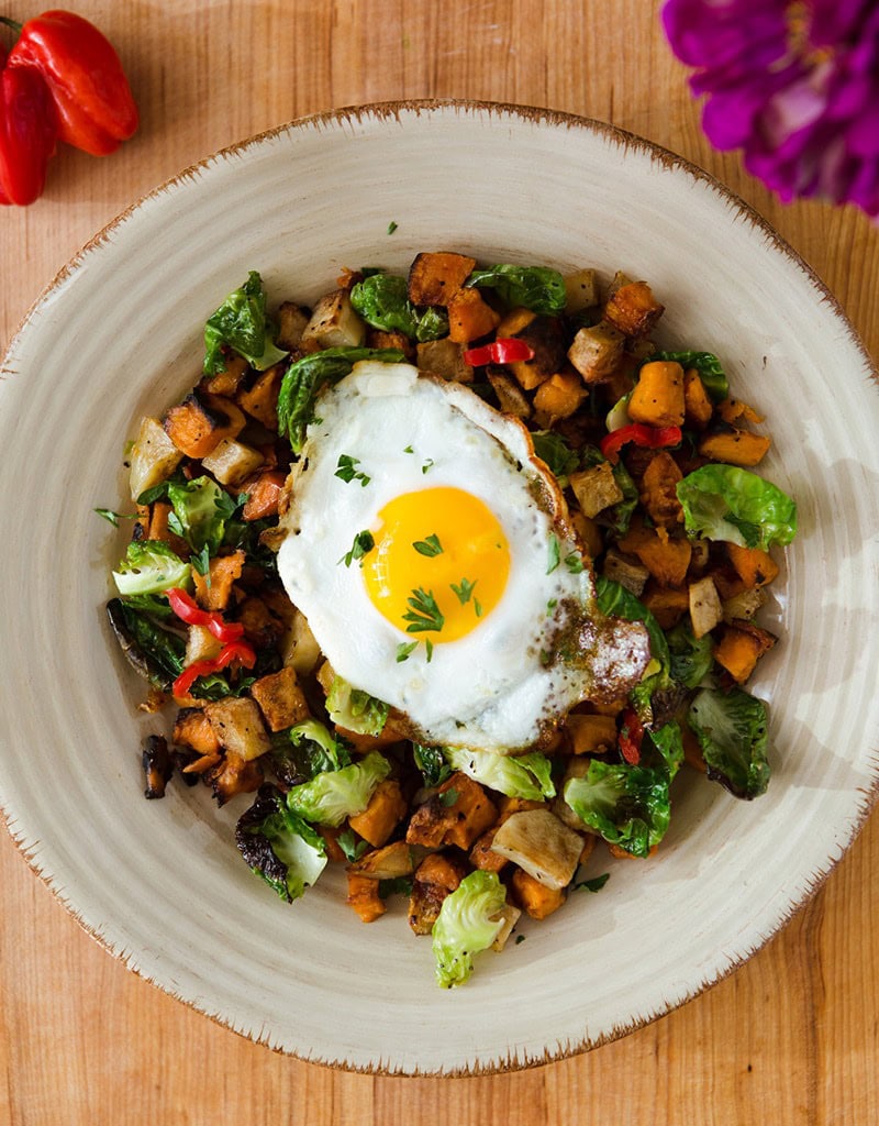 Roasted Pumpkin and Brussels Sprouts with Poached Eggs