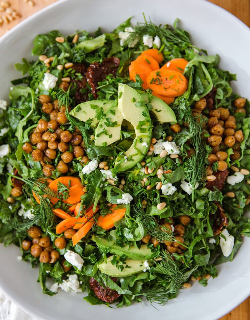 Super Green Sun-Dried Tomato Herb Salad with Crispy Chickpeas