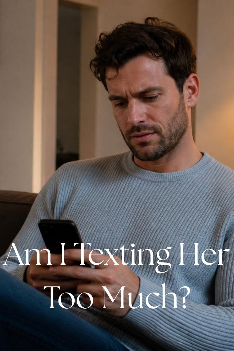 man thinking about whether he texts her too much or not,