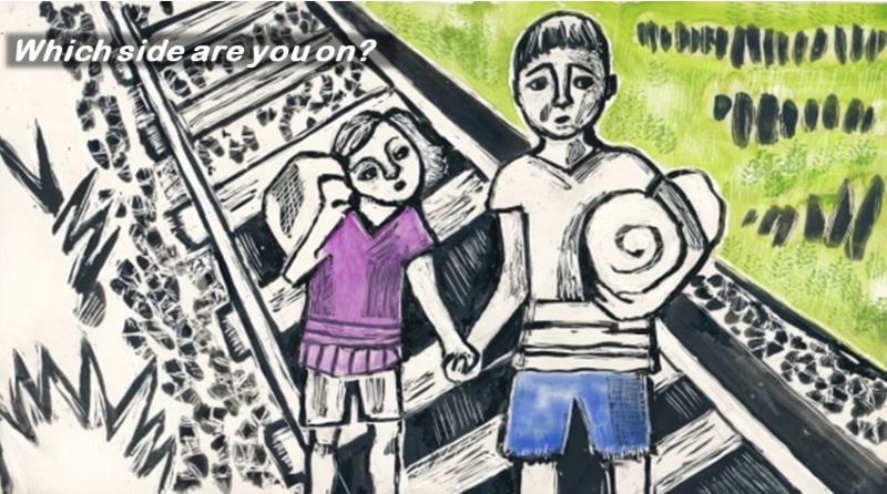 Picture of two children walking on a railroad. Which side are you on.