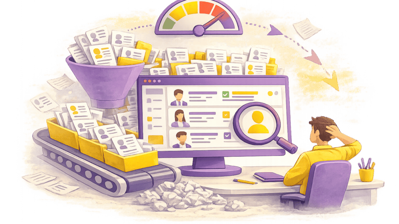 Illustration d’un logiciel de recrutement ATS saturé par un volume massif de candidatures à traiter