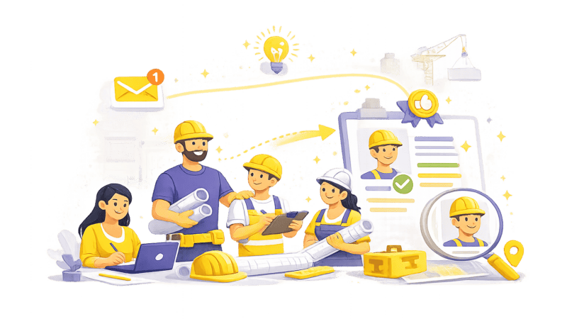 Illustration du recrutement dans le bâtiment avec équipe terrain, sélection de candidats et organisation du processus de recrutement.