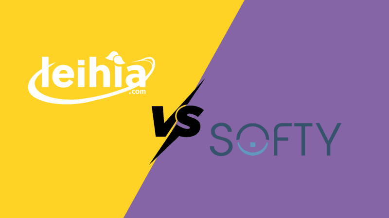 Comparatif visuel entre Leihia Talent Acquisition Suite et Softy, deux logiciels de recrutement (ATS). Le visuel met en évidence les différences clés sur l’expérience candidat, l’intelligence artificielle, et l’accompagnement humain, en soulignant la singularité de Leihia : une expérience de candidature embarquée en natif, un matching par sens et valeurs, et un service client expert.