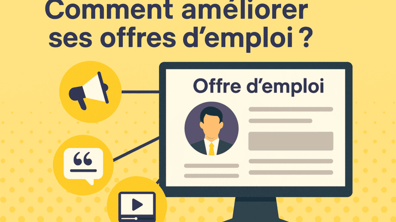 Illustration numérique représentant une offre d’emploi optimisée avec texte, vidéo et témoignages, symbolisant la modernisation du recrutement avec Leihia.