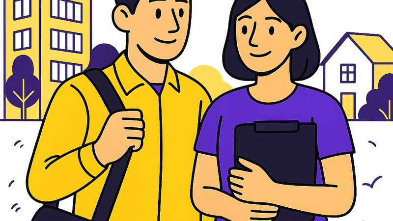 Illustration de deux candidats discutant à proximité de leur lieu de travail, dans une palette jaune et violet inspirée de l’univers Leihia