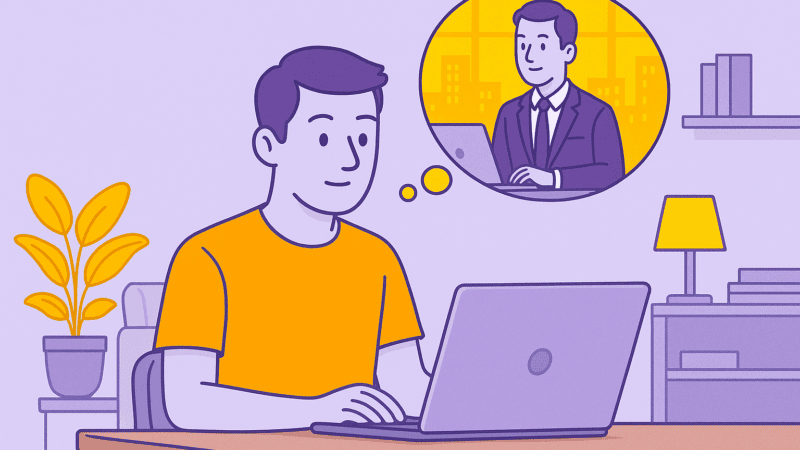 Illustration d’un collaborateur en télétravail devant son ordinateur, imaginant sa présence en entreprise, dans un style flat design avec les couleurs violet et jaune Leihia.