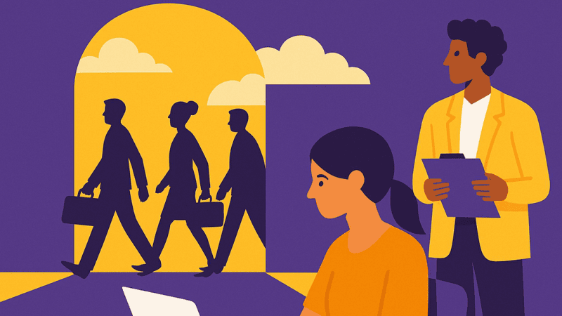 Illustration en flat design montrant des collaborateurs quittant l’entreprise pendant que deux professionnels RH observent et analysent la situation, dans les couleurs violet et jaune Leihia.