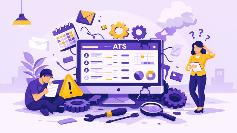Illustration d’un ATS en panne qui se démonte, symbole d’un logiciel de recrutement devenu obsolète