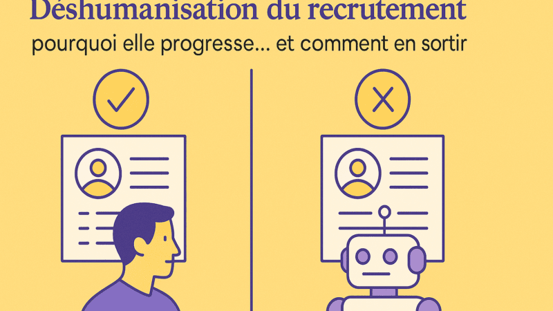 Déshumanisation du recrutement illustrée par l’opposition entre un processus automatisé et un recrutement recentré sur l’humain grâce à un logiciel de recrutement nouvelle génération.