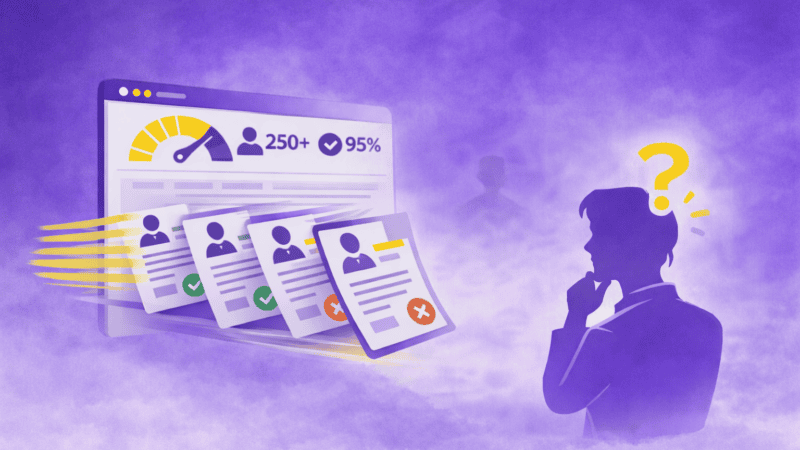 Illustration ATS montrant le tri rapide de CV avec tableau de scoring et recruteur en réflexion sur la qualité du recrutement