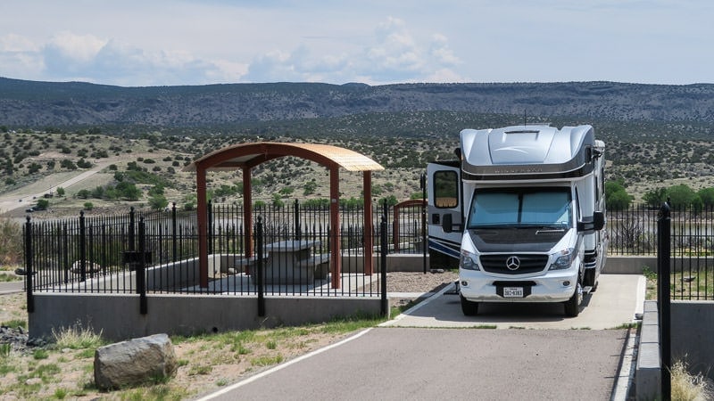 Our Winnebago View parked at a campsite at cochiti lake campground